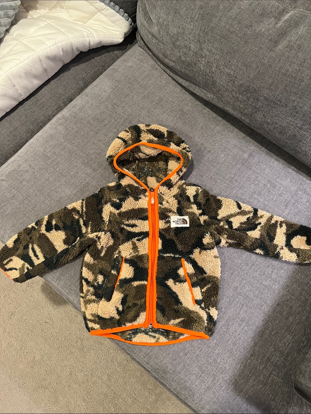 The North Face toddler Camo Sherpa Zip up Fleece with Orange Trim